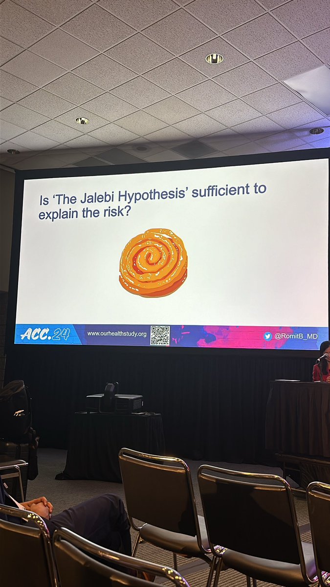 Dietary interventions have worked well to mitigate CVD risk in South Asians Award for best named hypothesis goes to @RomitB_MD : the jalebi hypothesis! #ACC2024