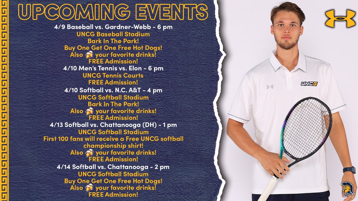 Busy spring week on campus with lots of events to attend! Baseball⚾️, softball 🥎, tennis 🎾- All are FREE ADMISSION! Check the graphic for giveaways 👕, concession deals🌭, & more 🍻! #letsgoG