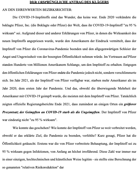 Thema heute: 'Anklageschrift von Ken Paxton, Generalbundesanwalt des States Texas, USA gegen die Pfizer Inc.' Eine Deepl -Übersetzung Folge 1-der Text wird vollständig in den Anhängen abgebildet. 'ANTRAG DES KLÄGERS AN DEN EHRENWERTEN BEZIRKSRICHTER: Die COVID-19-Impfstoffe sind…