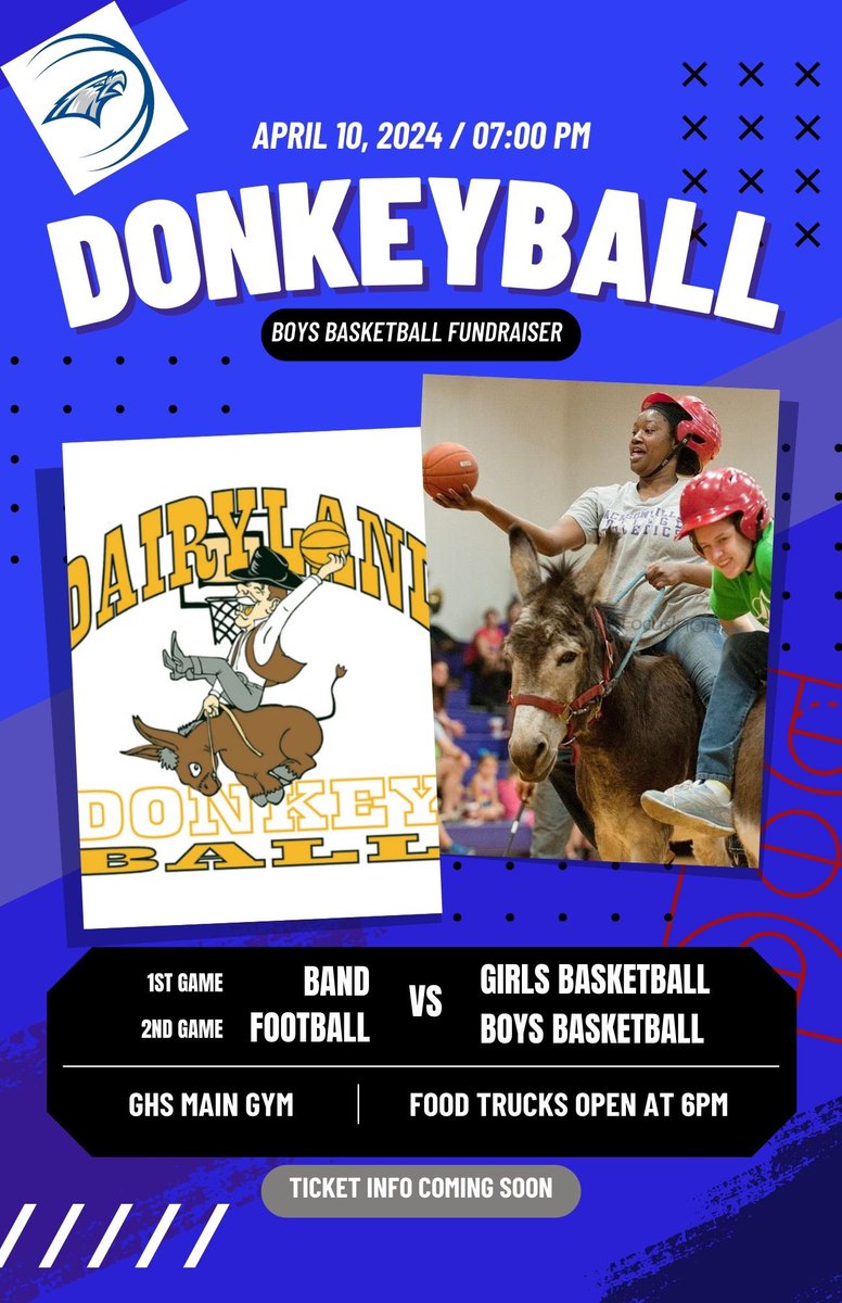 Donkey Basketball There will be real LIVE Donkeys in our GHS Main Gym on 4/10. This will be hilarious! 6pm Food Trucks 7pm Donkey 🏀 Boys 🏀 vs 🏈 Girls 🏀 vs Band Tickets cost $10 until 4/10 then increase to $15. Use this link to purchase your tickets: my.cheddarup.com/c/ghs-mens-bas…