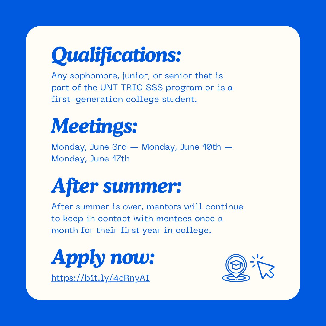 It's  that time of year! Summer is approaching and we're looking for mentors  for this summer's bridge class to help guide them through their first  year in college. If you're  looking to be a mentor, the application is now open: bit.ly/4cRnyAI