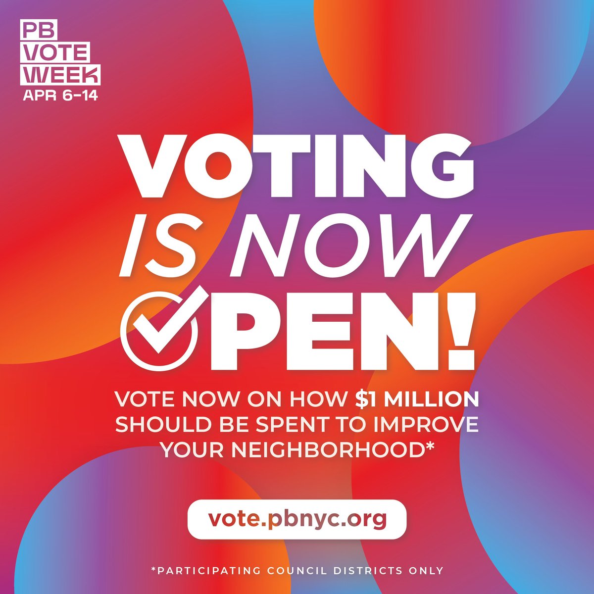 #PBVoteWeek is officially underway! Cast your vote now to decide how up to $1 MILLION DOLLARS will be spent on capital improvement projects in your community. Voting online is easy and takes just a few minutes! vote.pbnyc.org