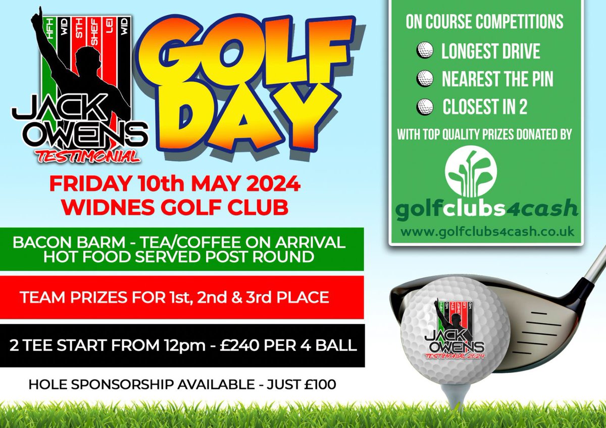 Pleased to announce the Testimonial Golf Day and have few spaces available. 📅 Friday 10th May - 12pm Two Tee Start ⛳️ @GolfWidnes 🥪 Bacon Barm, Tea/Coffee on arrival - Hot Food post round 🏆 Fantastic ’on course’ prizes from @golfclubs4cash DM to register your interest now