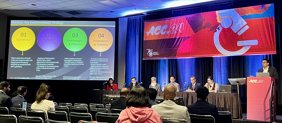 Illuminating #ACC24 session discussing unique cardiometabolic risks facing South Asian patients…and how we can mitigate them! @ACCinTouch @virani_md @DineshKalra @AkhilGulati @jaideeppatelmd @ourhealthstudy @RomitB_MD @aarti693