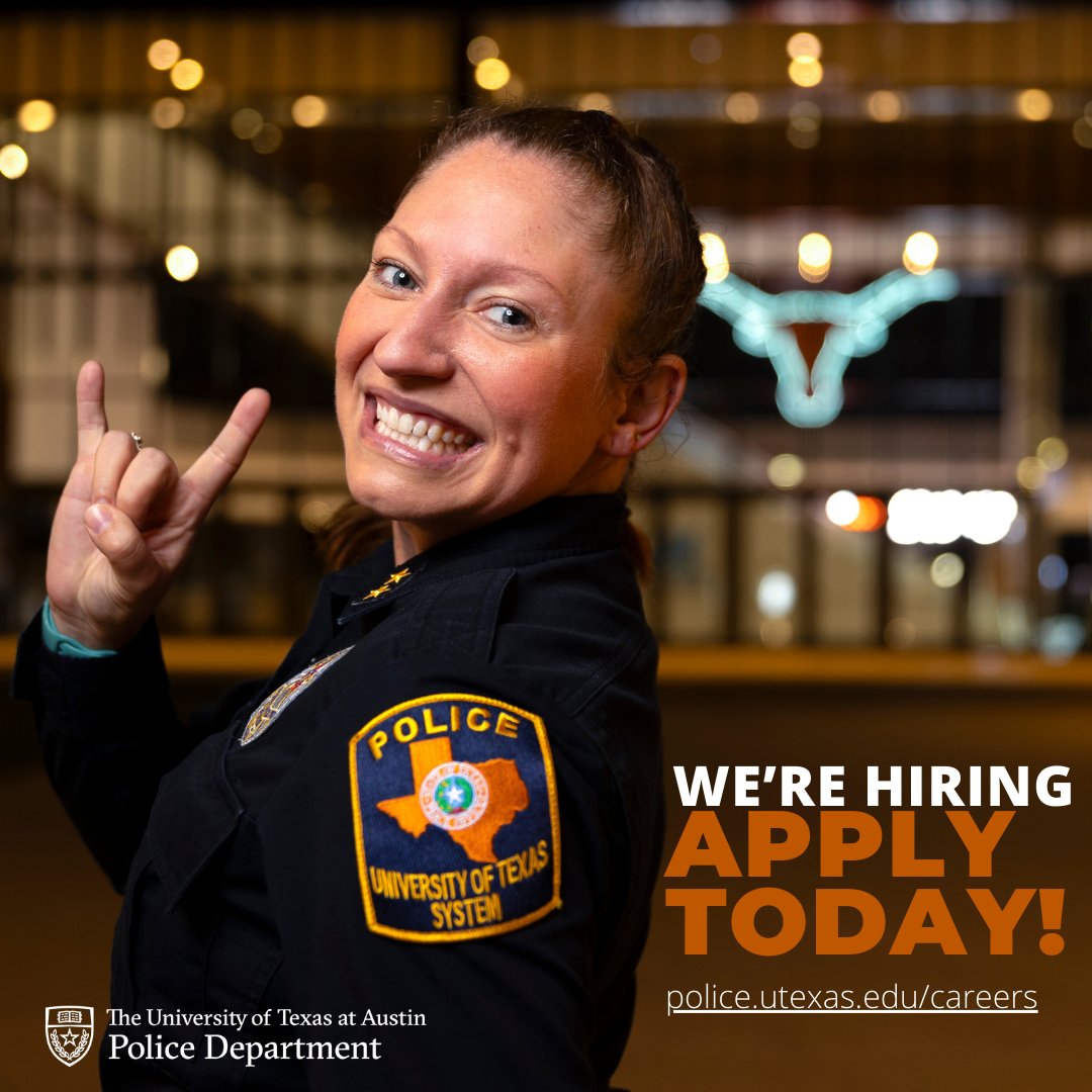 Want a career where you can help others and make a difference for our campus community? Apply now to become a UTPD officer! 🚔

Learn more: police.utexas.edu/careers 
Apply today: shorturl.at/dmJW5

#UTPD #LawEnforcementJobs #UTJobs #TexasJobs