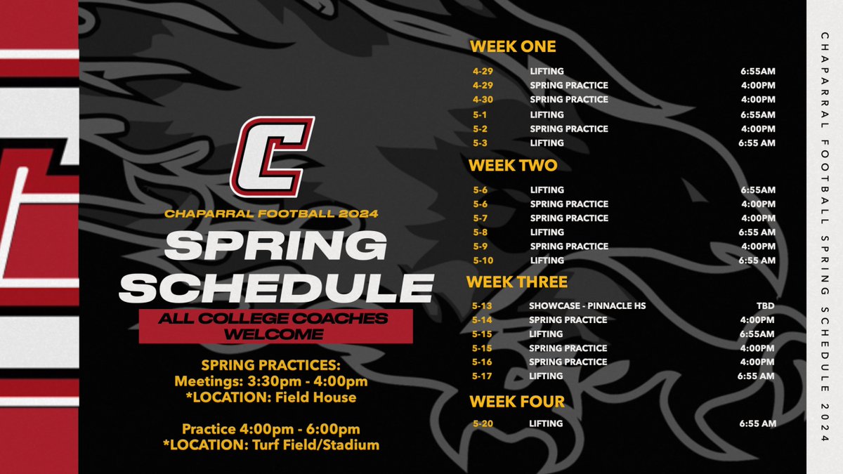 #ChapFootball 2024 Spring Schedule. Practices begin Monday April 29th. College coaches are welcome ANY time and we look forward to having you at Chaptown! #GoBirds #CultureWins #RTB