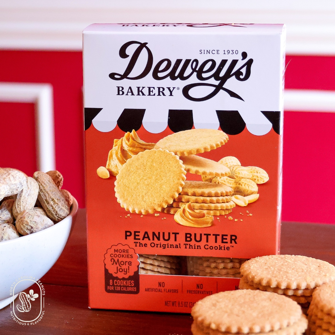 Craving a snack break? 🥜

Dive into a box of Dewey's Bakery Peanut Butter Cookies! These thin delights pack a punch with rich, creamy peanut butter, roasted peanuts, and salt. 

#NCpeanuts #peanutretailer #deweysbakery