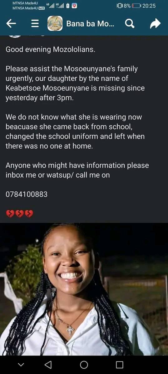 Ha re thusetseng bana beso 🙏📲
0784100883 she’s been missing for three days now