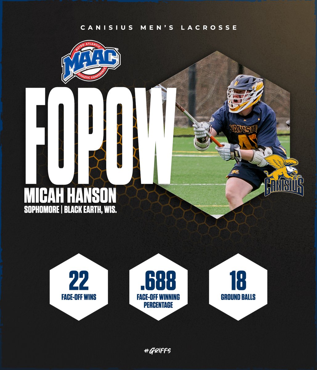 Congratulations to sophomore Micah Hanson (Face-Off) and freshman @wolford_mason (Rookie) on being recognized as @TicketSmarter @MAACSports men's lacrosse weekly award winners! 📰 - tinyurl.com/bddruf4m #Griffs