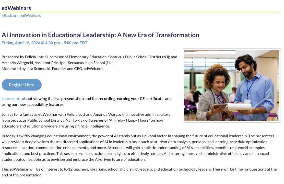 Upcoming @edwebnet FREE webinar: #AI Innovation in #educationalleadership: A New Era of Transformation 🗓️ Friday, April 12, 2024 | 4 - 5 pm EDT 🔗👉 home.edweb.net/webinar/ai2024… #aiclassroom #AIforEDU #AIEDU #AIeducation #AIEducator #edtech #leadershipdevelopment