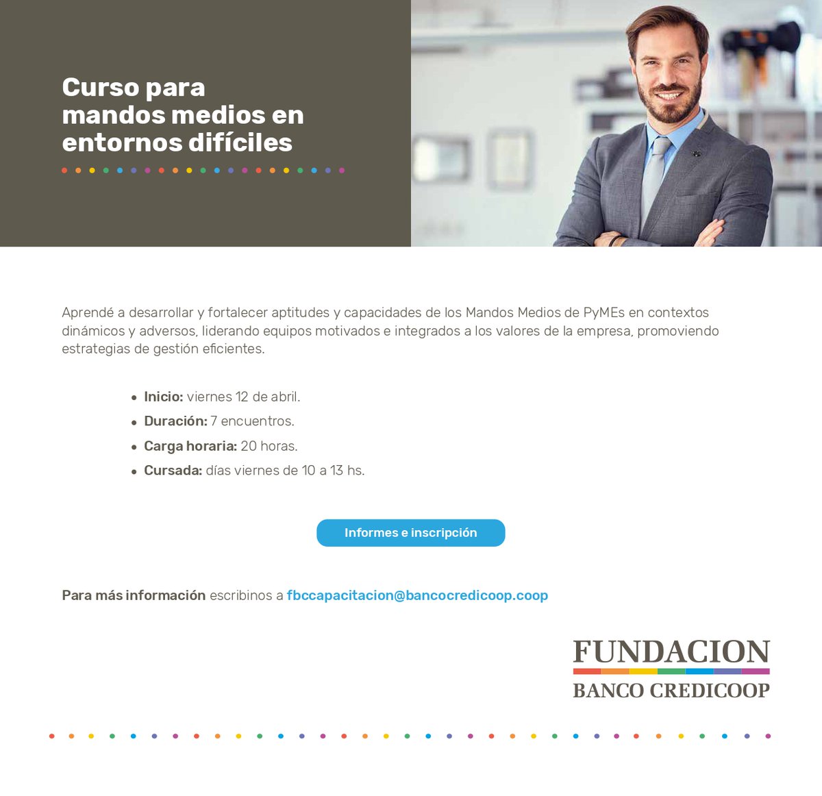 📌No te pierdas el "Curso para Mandos Medios en entornos difíciles".
👉Inicia el viernes 12 de #Abril
📎Inscripción y más información en:
fundacioncredicoop.com.ar/curso-para-man…
#MandosMedios #liderazgo #equiposmotivados #capacitacion
