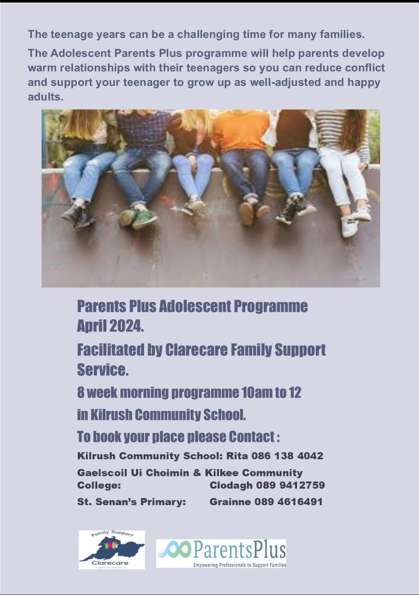 Parent Plus programme on in Kilrush facilitated by Clarecare. A worthwhile course supporting Parents in developing relationships with their young adolescents.