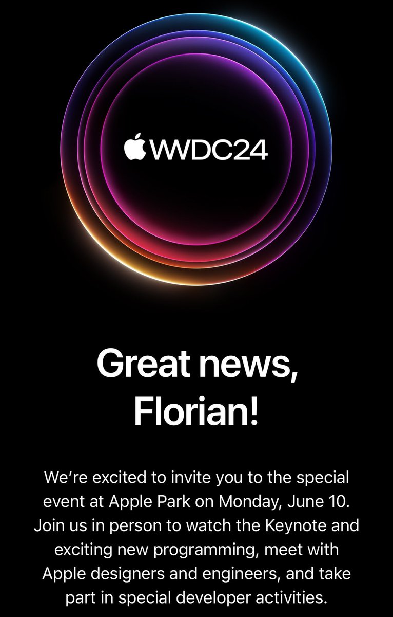 Es ist schon irgendwie zum Schiessen. 15 Jahre war ich Apple Blogger und habe nie eine Einladung zu einem Event bekommen. 1,5 Jahre nach dem Ende von Flo‘s Weblog, BOOM! Einladung. 😂 Okay, also auf nach Cupertino im Juni… ✈️ 🔜   #wwdc #wwdc24 #apple #applepark