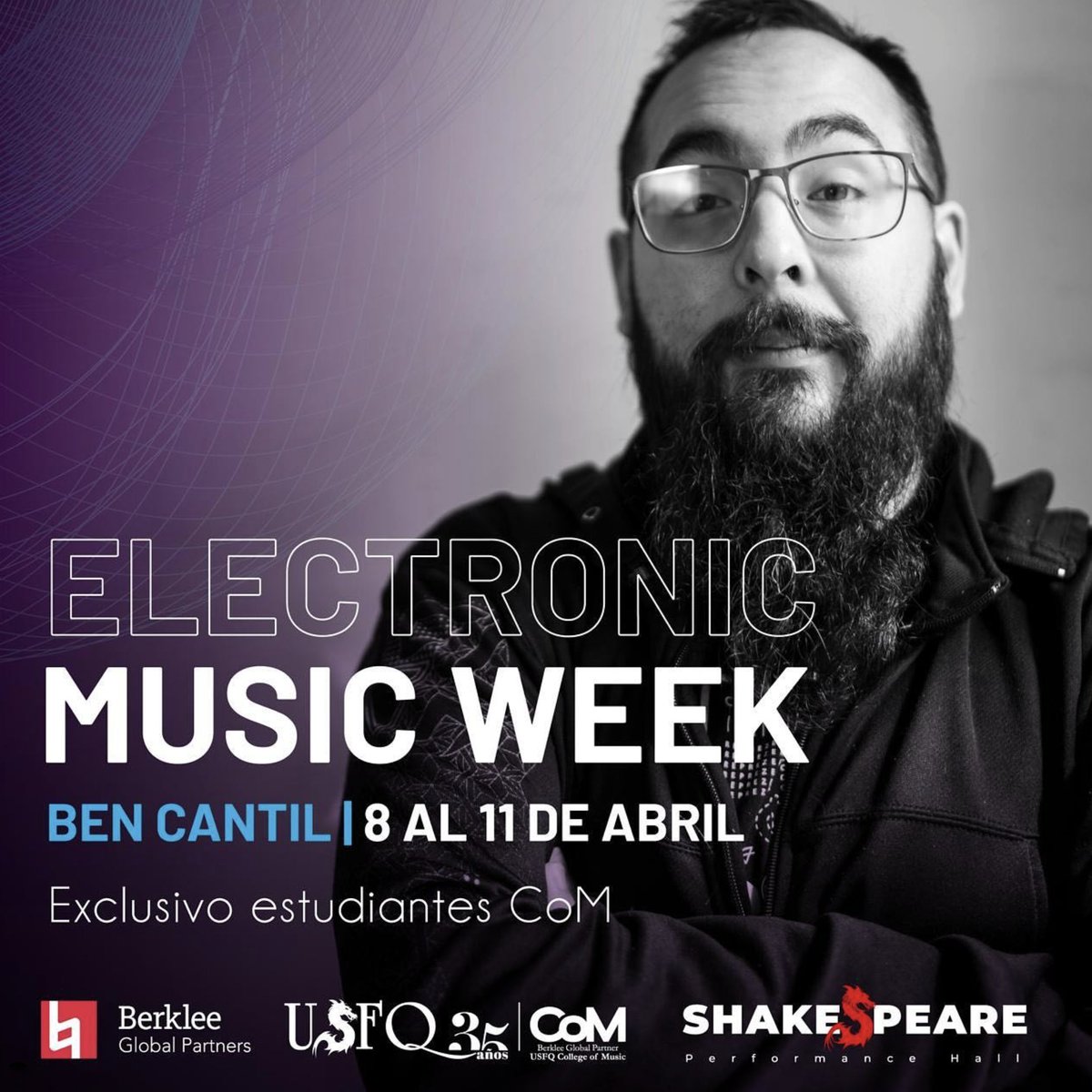 👏 Empezamos la Electronic Music Week junto a Ben Cantil 📀 Músico, productor y diseñador de sonido innovador en la electrónica. Su música fusiona electrónica, dubstep y glitch. 🗓️ Del 8 al 11 de abril de 2024 Exclusivo Estudiantes CoM 🐉