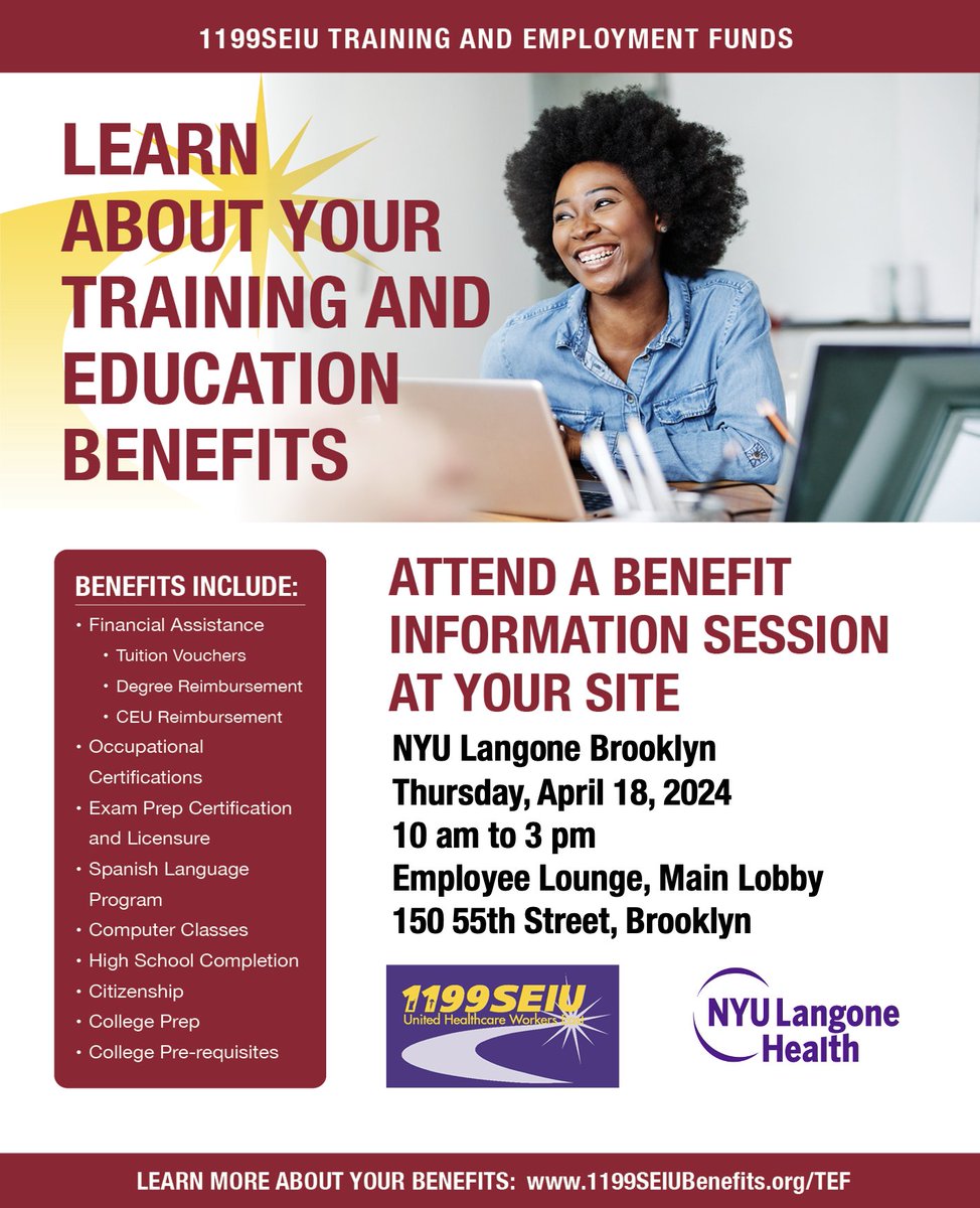 If you're an @1199SEIU member working @NYULangoneBK, we'll be visiting your site for a benefit information session on Thursday, April 18th. See the flyer for details & join us to learn more about your TEF benefits. Please share this post with your coworkers. We hope to see you!