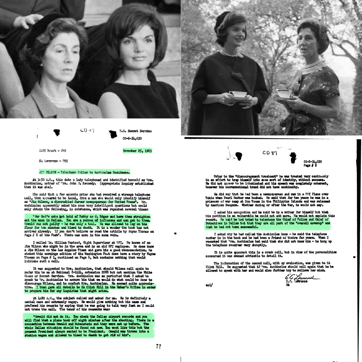 In the early morning hours of 11/25/63, a man identifying himself as Jim Wilson, a former UP newspaperman, calls the home of Janet Auchincloss, mother of Jackie Kennedy, with startling claims: '𝙁𝙤𝙧 𝙂𝙤𝙙'𝙨 𝙨𝙖𝙠𝙚 𝙜𝙚𝙩 𝙝𝙤𝙡𝙙 𝙤𝙛 𝘽𝙤𝙗𝙗𝙮 𝙤𝙧 𝙅. 𝙀𝙙𝙜𝙖𝙧 𝙖𝙣𝙙