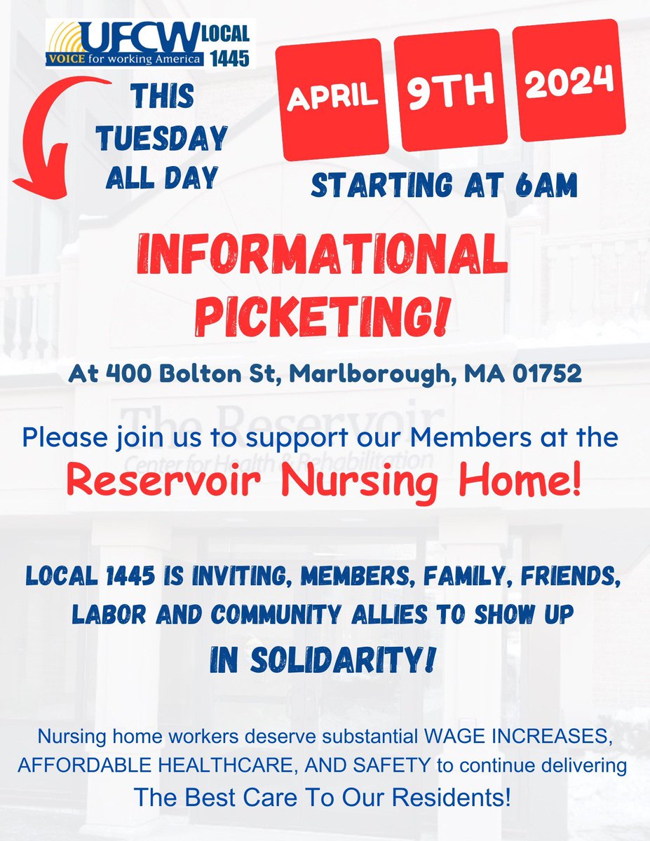 Nursing home workers deserve substantial wage increases, affordable healthcare, and safety to continue the best care to residents. Join <a href="/UFCW1445/">UFCW Local 1445</a> tomorrow and show your support for nursing home workers.