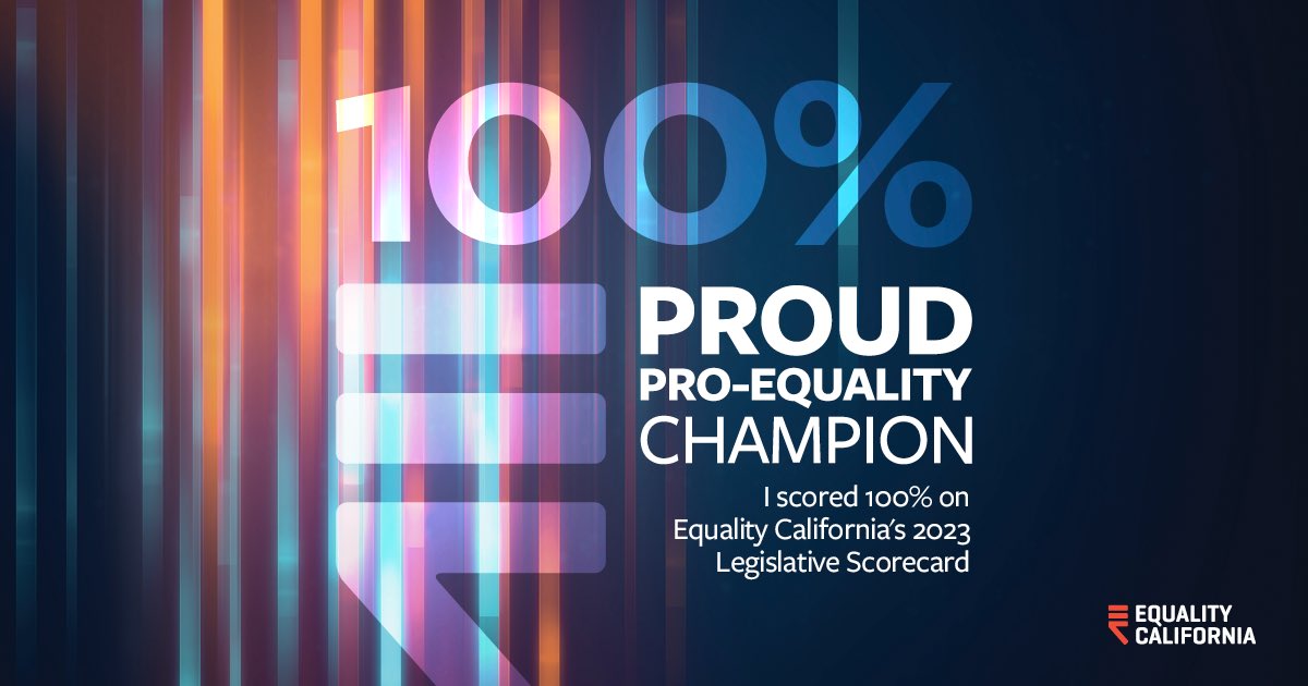 It is my honor to announce I have earned a 100% score on the 2023 @eqca State Legislative Scorecard. Today and every day, we must continue to work to build a world that is healthy, just, and fully equal for all LGBTQ+ people.