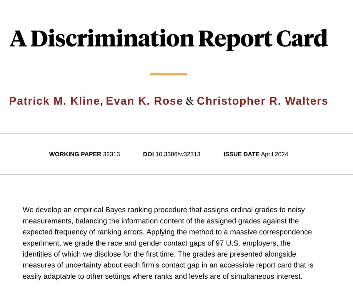 TLDR: A new study identifies and measures which large U.S. companies engage in hiring discrimination against Black people. They name names and find that some of the most discriminatory companies include CVS, Gap, Best Buy, Autozone, and Costco. 🤯 #econtwitter #economics