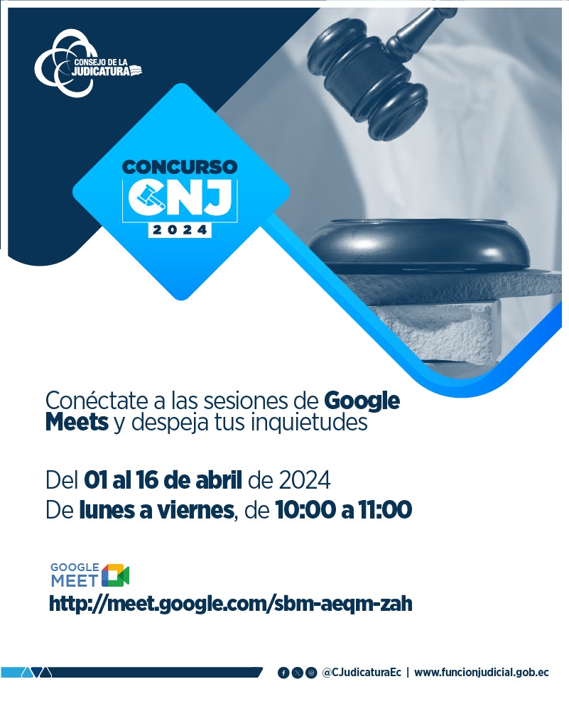 #ConcursoCNJ2024 | El Consejo de la Judicatura resolverá preguntas e inquietudes sobre el Concurso Público para la Selección y Designación de Jueces y Conjueces de la @CorteNacional. Conéctate aquí 👉 meet.google.com/sbm-aeqm-zah