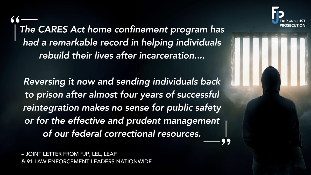 Today, we joined @LawLeadGroup, @PoliceForReform, & 91 law enforcement leaders to strongly oppose US Senate Joint Resolution 47, which threatens to re-imprison around 3,000 people safely serving sentences of home confinement pursuant to the 2020 CARES Act: fairandjustprosecution.org/wp-content/upl…