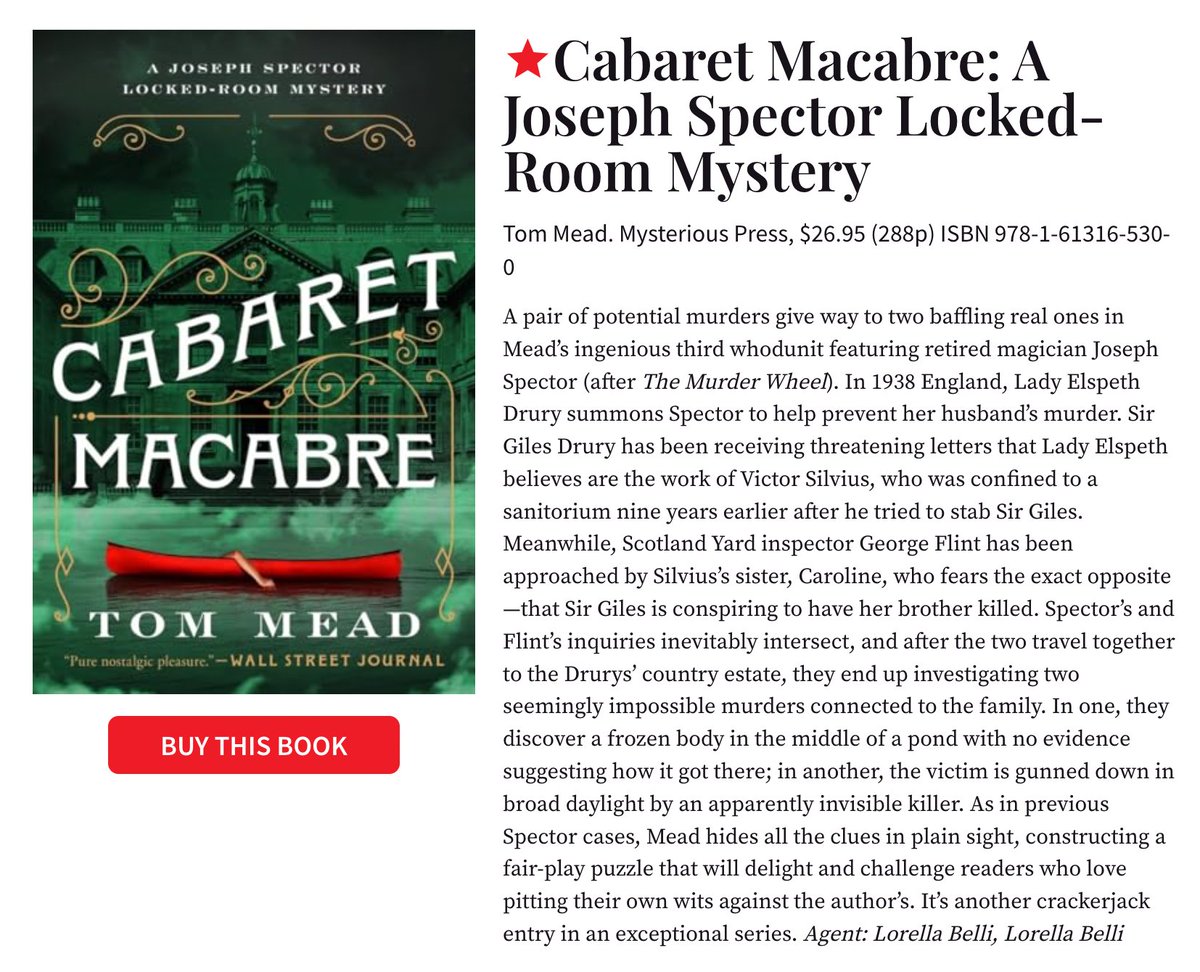 NEW: A ⭐️STARRED⭐️ Publishers Weekly review for @TomMeadAuthor's CABARET MACABRE, coming in July from @MysteriousPress. 'Another crackerjack entry in an exceptional series.' For those keeping score, that's the third of three Joseph Spector novels to receive this honor...