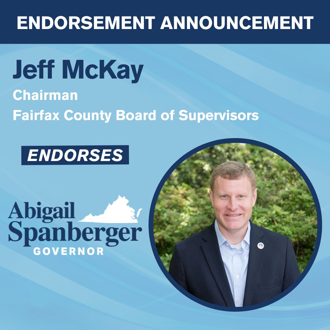 I'm proud to announce Fairfax County Board of Supervisors Chairman Jeff McKay's endorsement to serve as your next Governor of Virginia.

<a href="/McKay4Chairman/">Jeff McKay</a> knows the importance of working together to seize the tremendous opportunities Virginia has ahead of it. 

Thank you!