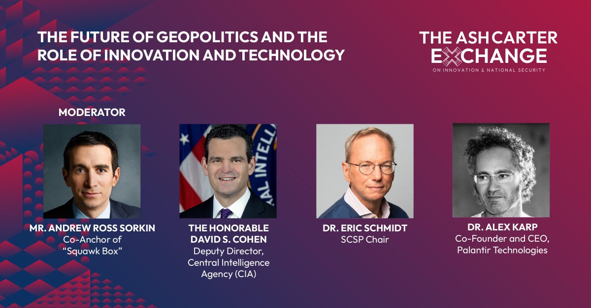 Leaders and experts - David S. Cohen, Deputy Director of the <a href="/CIA/">CIA</a>, <a href="/ericschmidt/">Eric Schmidt</a>, SCSP Chair, Dr. Alex Karp, Co Founder and CEO of <a href="/PalantirTech/">Palantir</a> - with outstanding <a href="/andrewrsorkin/">Andrew Ross Sorkin</a> will explore the intersection of tech and geopolitics at #CarterExchange24. bit.ly/4c0mH08