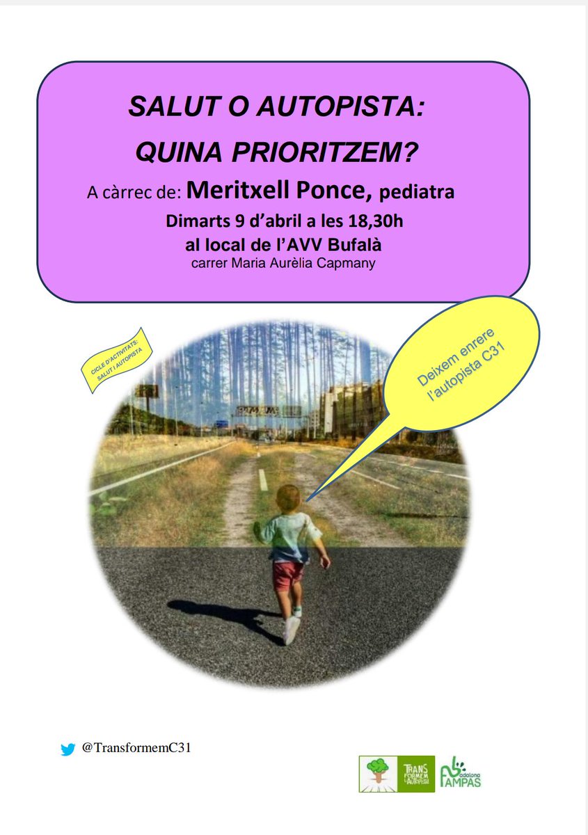 🔊 La pediatra Meritxell Ponce serà demà a l'AVV Bufalà per explicar-nos les conseqüències que té per a la salut la contaminació que provoca una via urbana amb tant de trànsit com la #merdautopistaC31 que travessa #badalona
NO US LA PERDEU!!
📆 9 d'abril
⏰ 18:30
📌 AVV Bufalà