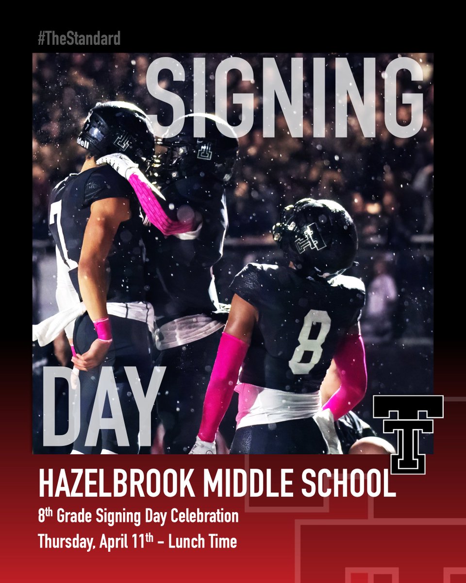 Hazelbrooook!! This Thursday (4/11), we will be in the building for 8th Grade Signing Day Celebration! During lunches, all interested 8th graders are invited to meet @coachferraro77, learn about #TheStandard and sign their 'Letters of Intent' to become part of our Wolf Pack!