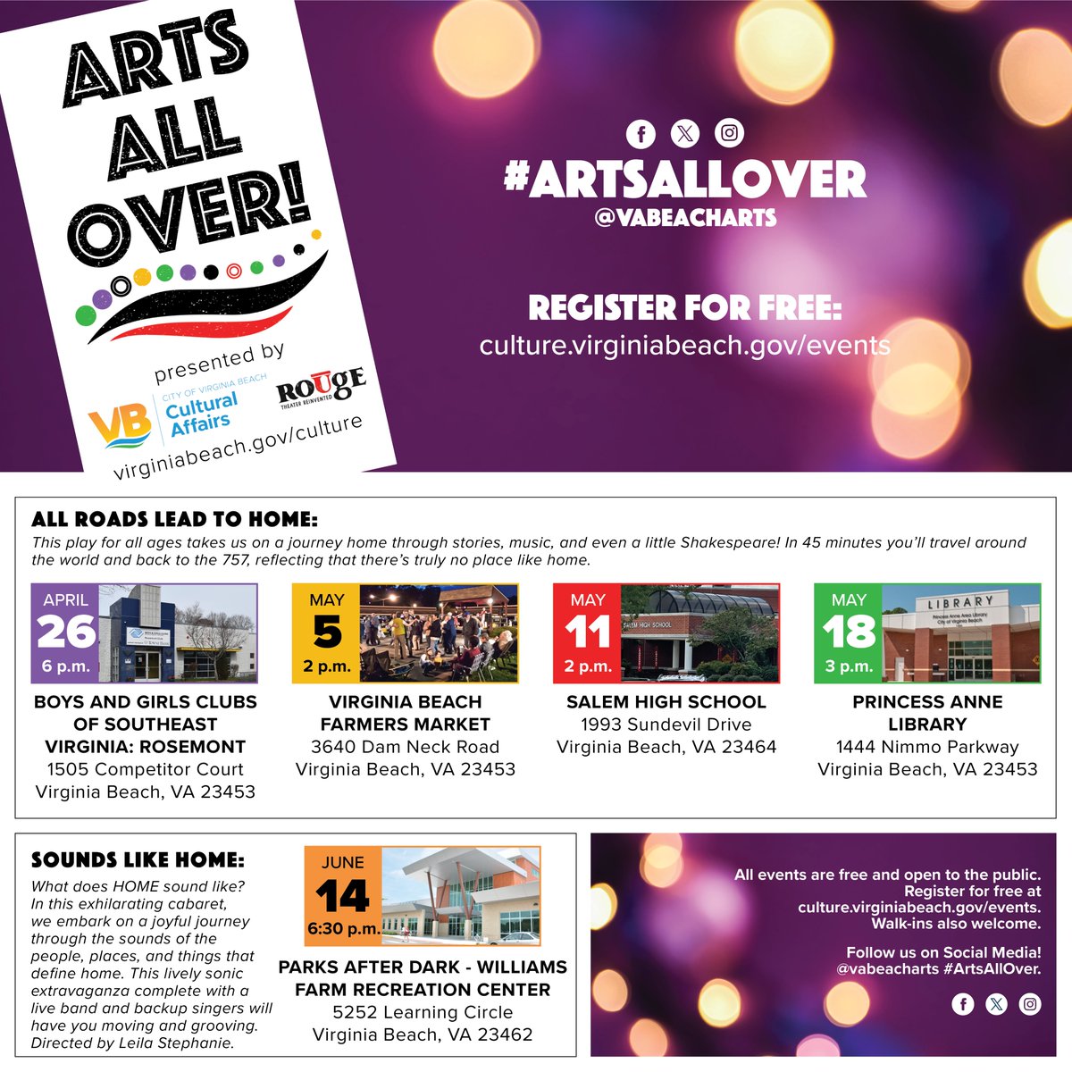 ⭐️NEW dates and locations just added for #ArtsAllOver, all of which are all free to attend! Get tickets, and learn more, at culture.virginiabeach.gov/events. Events presented in partnership with Rouge VA. #vbarts