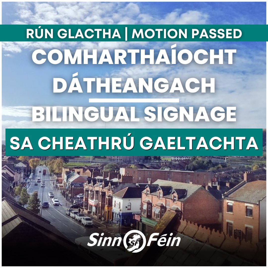 Comharthaíocht dátheangach sa Cheathrú Gaeltachta | Bilingual signage in the Gaeltacht Quarter ✅

Iontach ar fad gur aontaigh Comhairle Cathrach Bhéal Feirste anocht comharthaíocht dátheangach a thabhairt isteach d’os cionn 440 sráid sa Cheathrú Gaeltachta 🙌🏼

Nuacht den scoth🪧