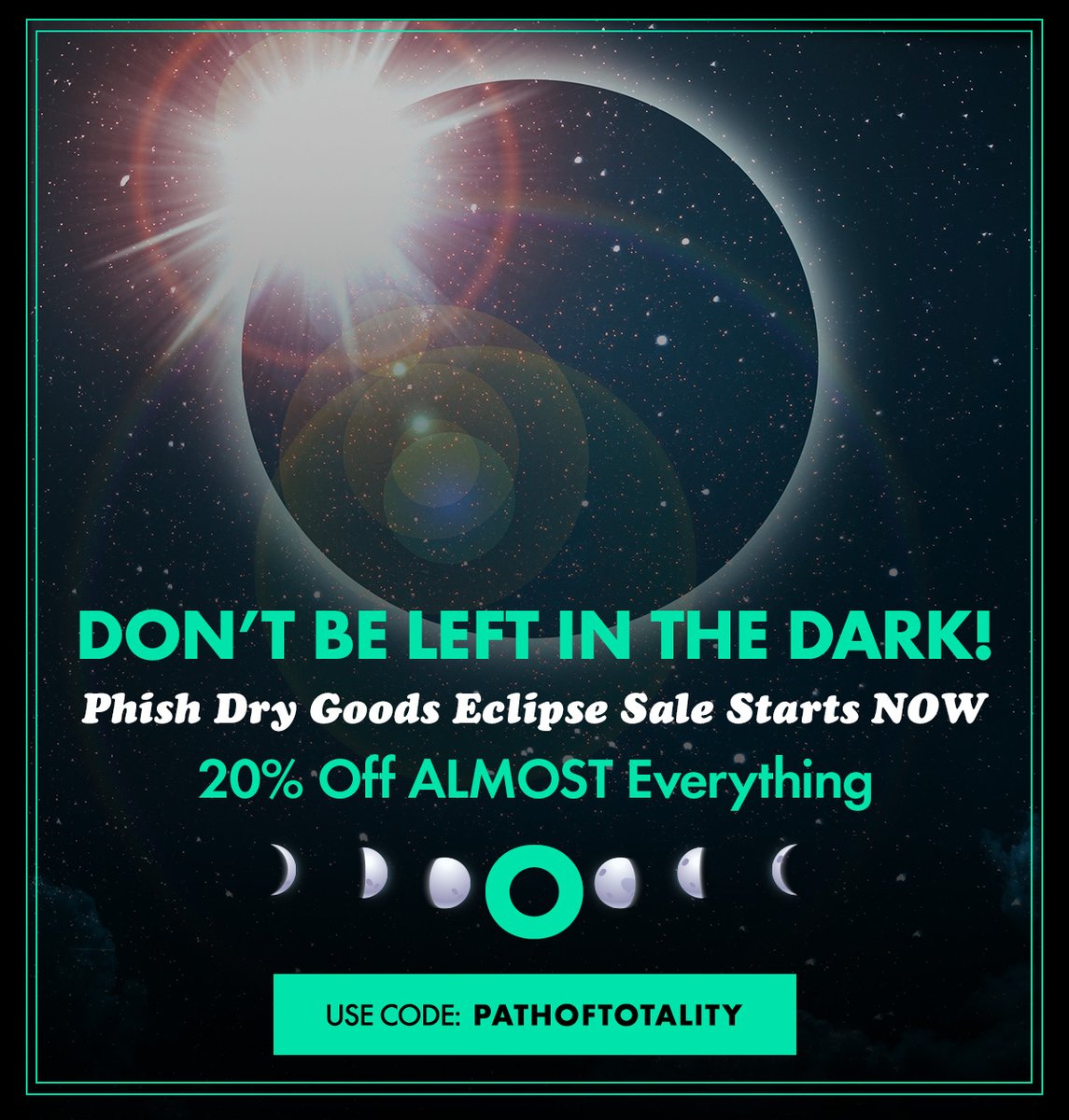 In Burlington, we're in the Path of Totality for the ECLIPSE this afternoon! Don't be left in the dark. We're having an Eclipse sale NOW at Dry Goods. 20% off almost everything in the store when you use code: PATHOFTOTALITY 🌘🌓🌑🌔