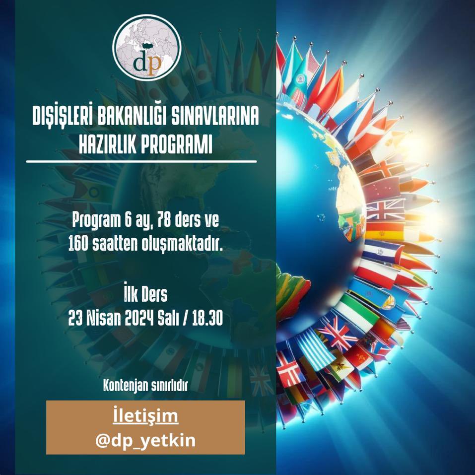 Arkadaşlar merhaba, 

6 ay, 78 ders ve 160 saat sürecek Dışişleri Sınavlarına Hazırlık Programımız 23 Nisan Salı günü 18.30’da başlıyor. Türk dış politikası merkezli onlarca bölgesel ve küresel kriz ve fırsatlara yoğunlaşacağımız bu programla ilgili ayrıntılı bilgi için