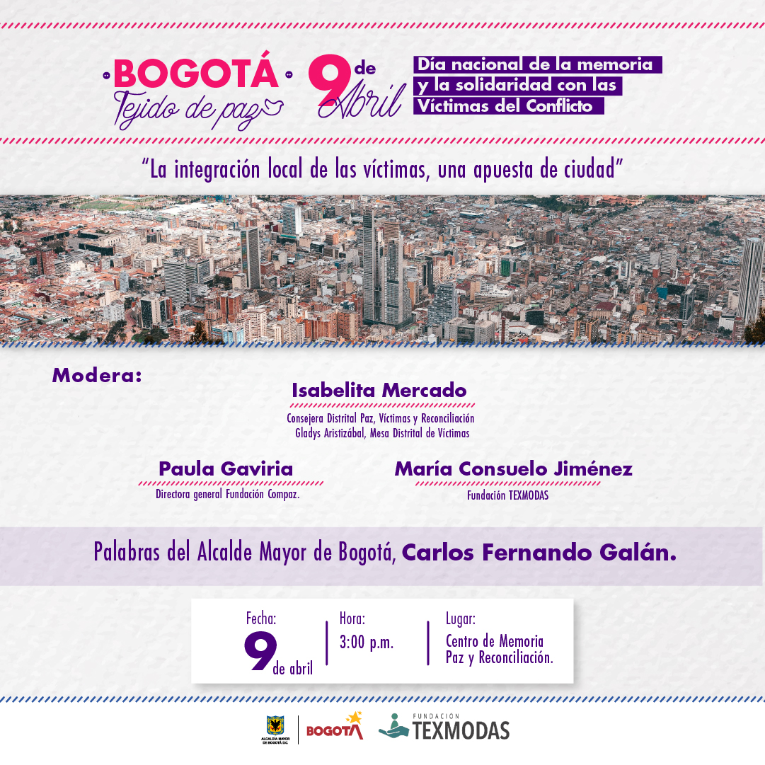 #BogotáTejidoDePaz | Este 9 de abril realizaremos el foro “La integración local de víctimas, una apuesta de ciudad”, en la que aportaremos ideas para articular esfuerzos y lograr soluciones duraderas. 🔗Conéctate a nuestra transmisión e inscríbete: shorturl.at/tBCG3