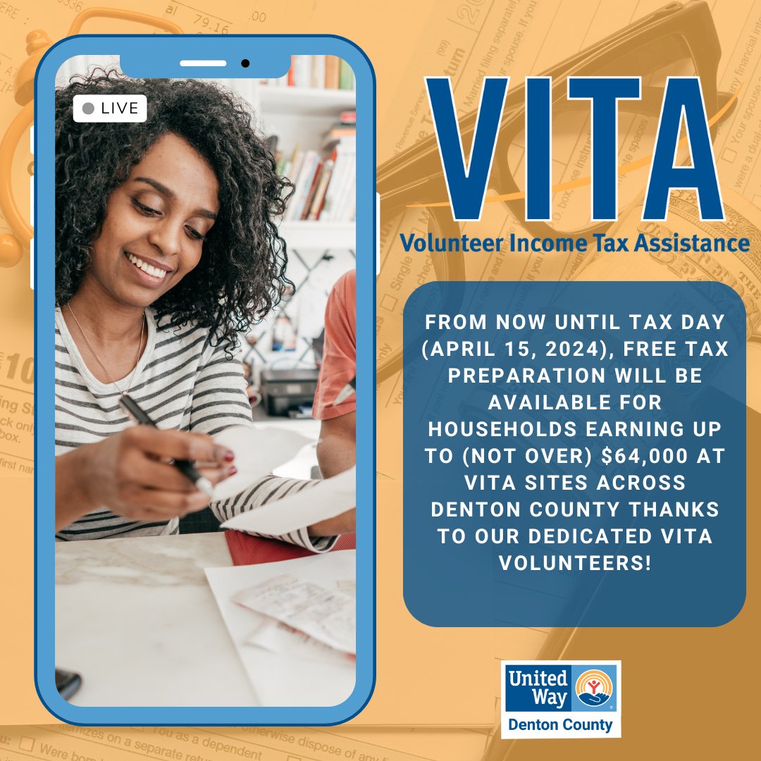 Tax Day is in ONE WEEK! ⏳ Let our trained volunteers help file your taxes for free! Find 📍locations, ⏰times, and more at UnitedWayDenton.org/VITA 📌 #VITA #freetaxprep #GiveToOneImpactMany