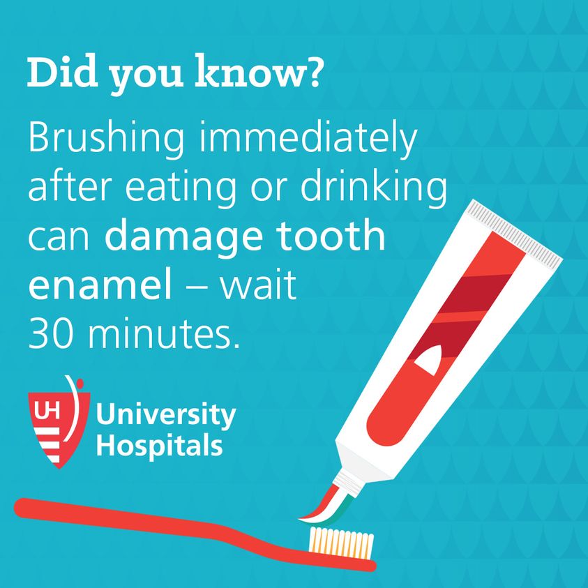 Contrary to popular belief, brushing your teeth right after eating can cause a reaction that does more harm than good. Check out these other dental health facts: myuh.care/DentalHealthIn…