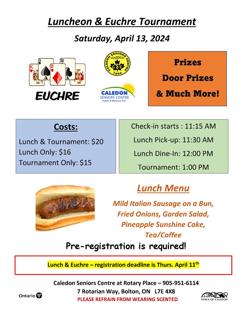 Don't forget to reserve and buy your tickets for the Luncheon &amp; Euchre Tournament happening this weekend!!  Call the Centre at 905-951-6114.