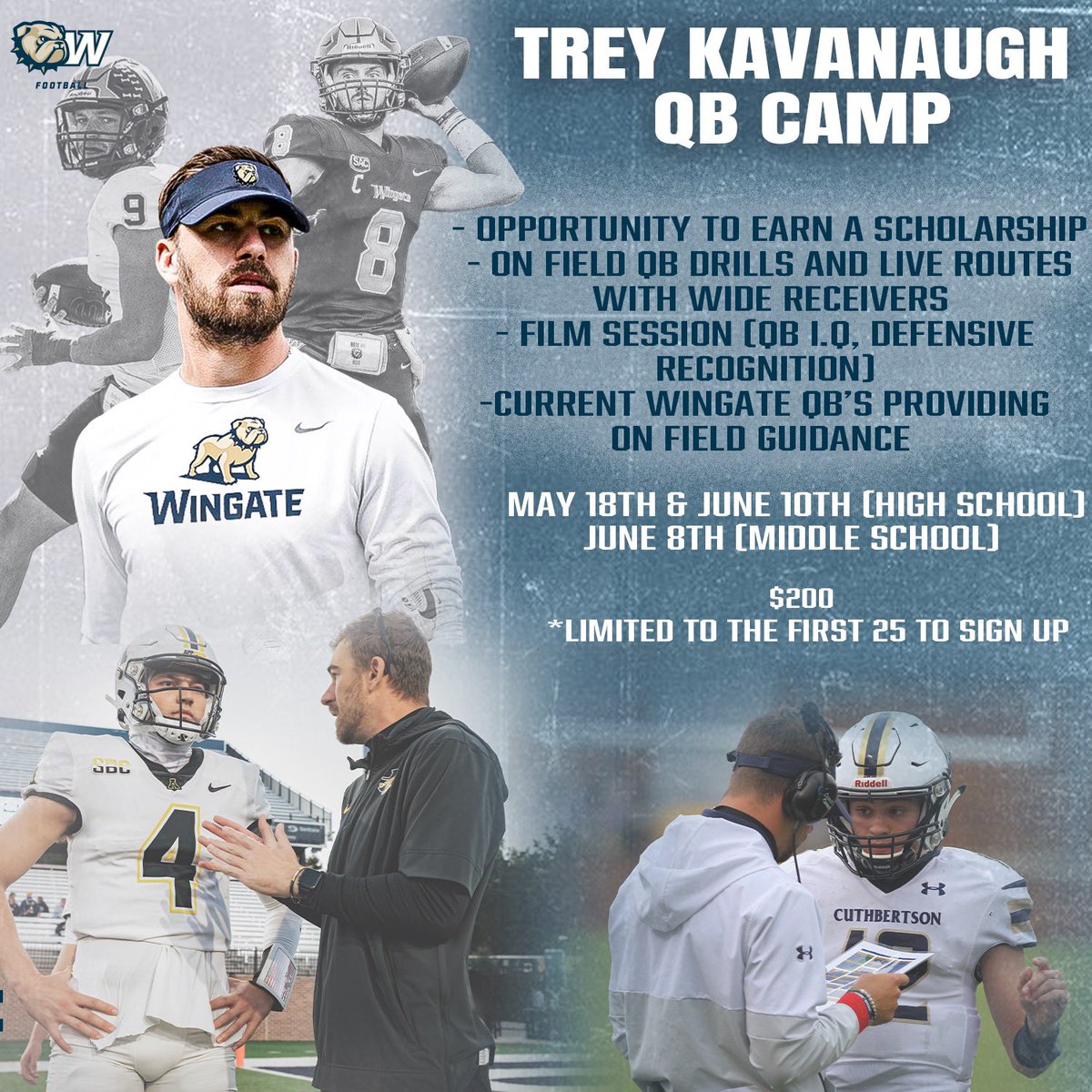 QB’s, come get seen at a great camp this summer! Going to have an opportunity to show out and improve from both on field coaching and a meeting in the film room! Spots are limited and 1st come 1st serve! Click the link to sign up! campscui.active.com/orgs/WingateUn…