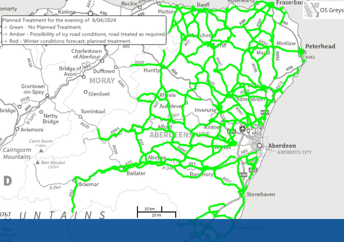 Our Gritters won't be out tonight although the ski routes will be treated tomorrow morning. Expect significant & disruptive rainfall overnight and during commuting time tomorrow so mind how you go. Our teams will monitor and respond to road flooding as needed. @Aberdeenshire