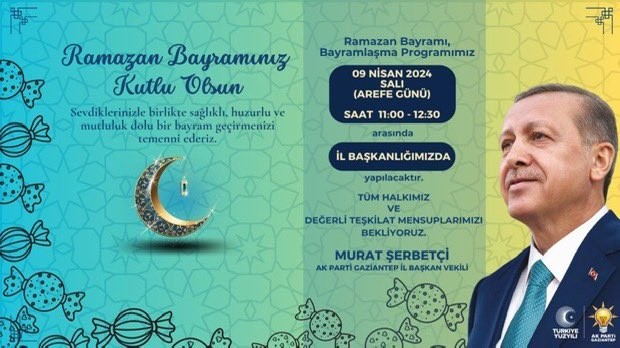 🗓️: 09.04.2024 ( Salı Günü) ⏰: 11.00-12.30 📍: AK Parti Gaziantep İl Binası AK Parti Gaziantep İl Başkanlığı olarak Arefe Gününde düzenleyeceğimiz Geleneksel Bayramlaşma Programında siz kıymetli hemşehrilerimizi ve teşkilat mensuplarımızı da aramızda görmekten mutluluk…