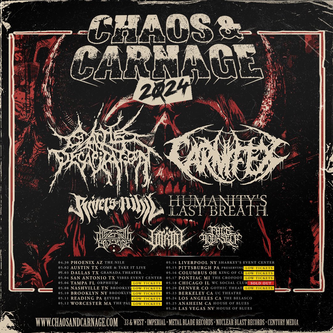 Just over 3 weeks until Chaos and Carnage ravages the US, and tix are low in many markets or entirely depleted, as is the case in Chicago. Don’t risk suffering the same fate and missing this stacked lineup🔥 Drop your fav songs from each band, and check out those you aren’t! 👇