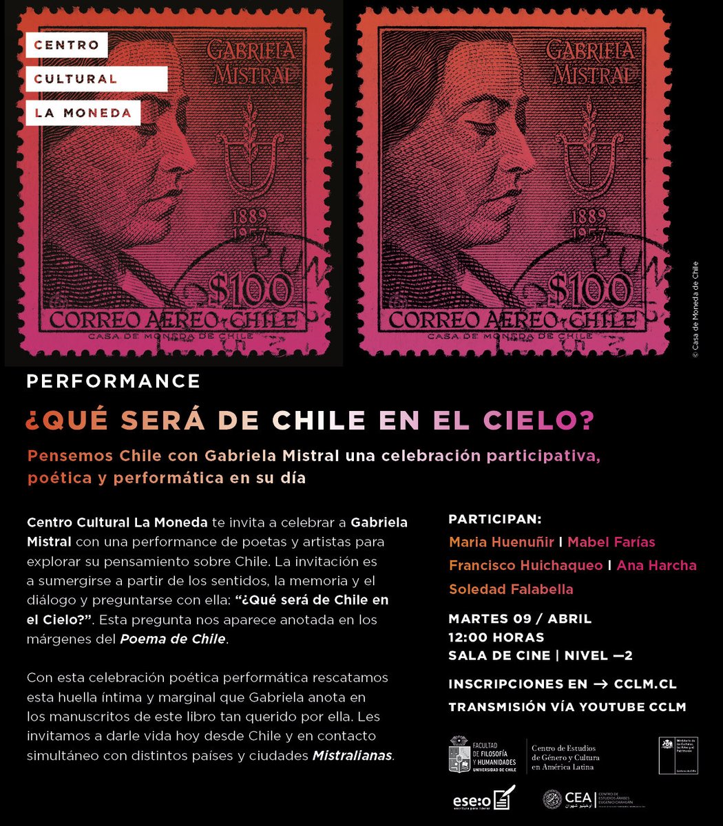 Los invitamos a conectarse mañana martes 9 de abril de 2024 a está transmisión desde el Centro Cultural La Moneda que celebra el legado de Gabriela Mistral. Más información 👇