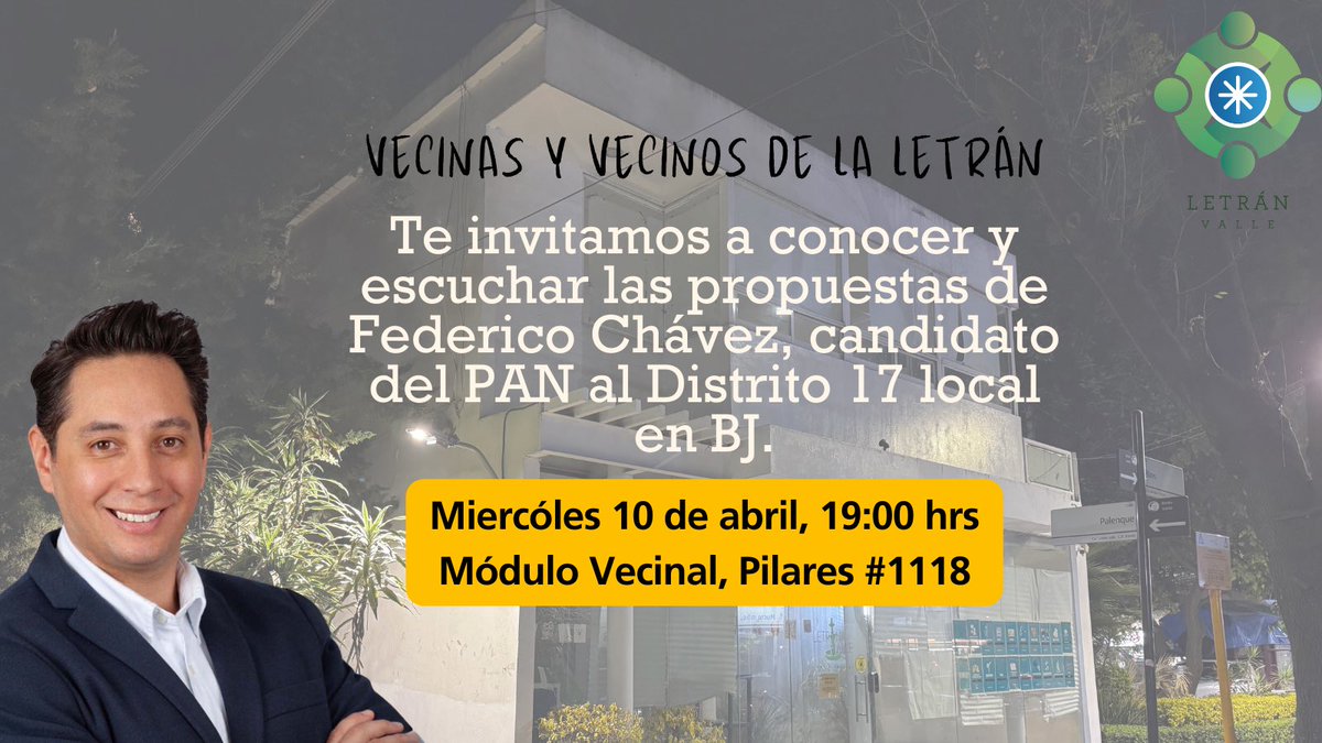 Como representante de la COPACO, invitamos a vecinas y vecinos este miércoles para platicar con @FedeChavezMX , la participación de todas y todos es fundamental para la democracia. No falten!! ¿Los demás candidatas y candidatos pa cuando?