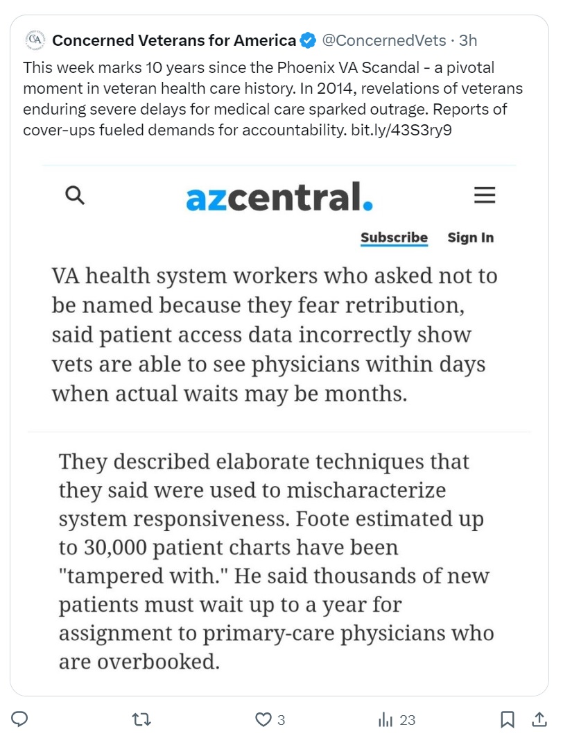 Wed 4/10 is the 10th anniversary of the Phoenix VA Scandal that exposed widespread, tragic lying @DeptVetAffairs! After numerous reform bills the VA still #VAFail-s vets. Hoping @AMLegionVA, @VFWPost3150, and all VSO'scan join @ConcernedVets Details: cv4a.actcentr.com/Events/cva-s-a…