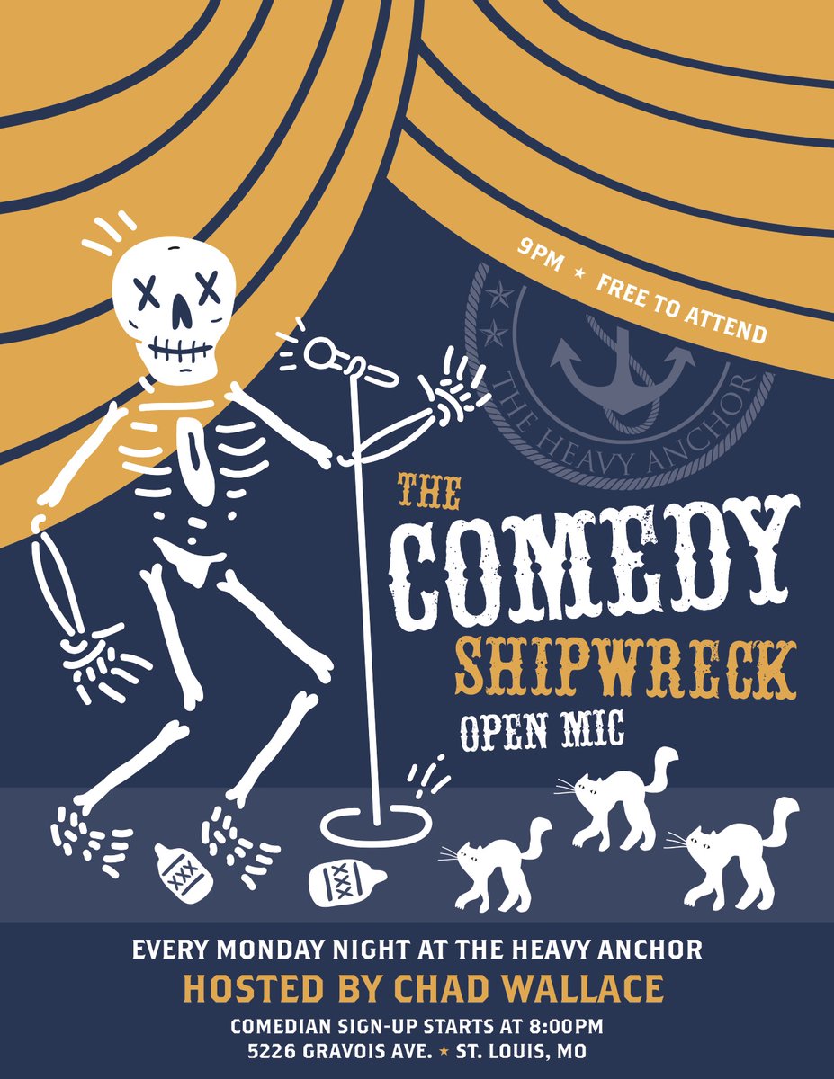Monday at 9pm - @ComedyShipwreck Open Mic An open mic style comedy show Hosted by @CWallaceComedy Comedian sign-up starts at 8pm Free to attend