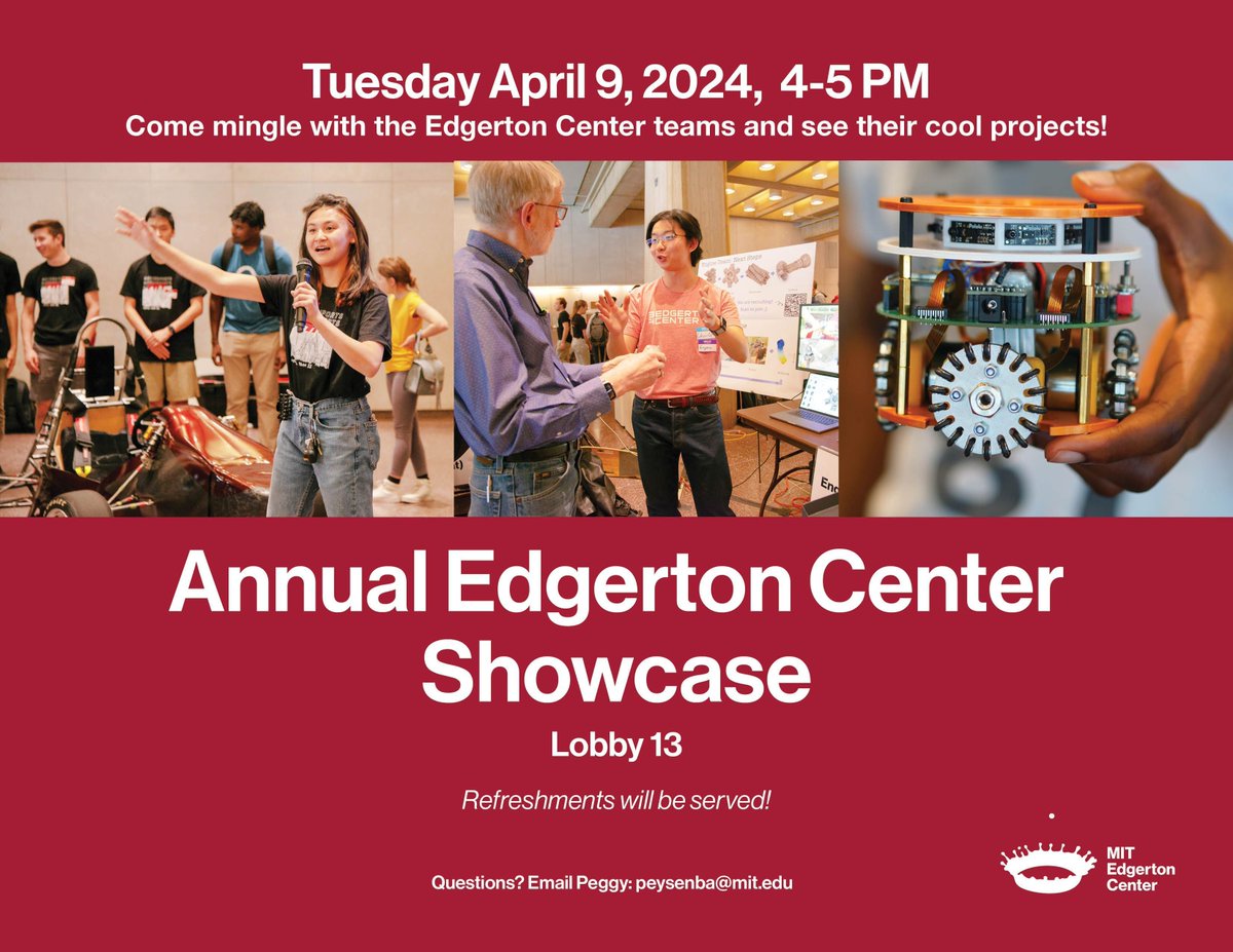 Sharing out the Annual Edgerton Center Showcase— come meet over a dozen student orgs and their projects supported by our friends at the Edgerton Center! Tuesday, April 9, 2024 4-5pm MIT Lobby 13 buff.ly/3vRKeQF @MITEdgerton @mitSolarCar