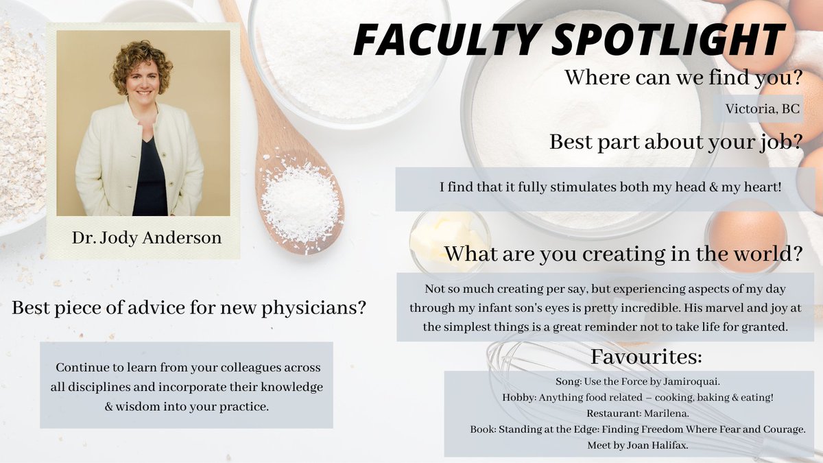 We are excited to spotlight Dr. Jody Anderson from @VanIslandHealth on this week's #facultyspotlight! Read here to learn about her hobbies surrounding delicious food: palliativecare.med.ubc.ca/faculty-spotli…