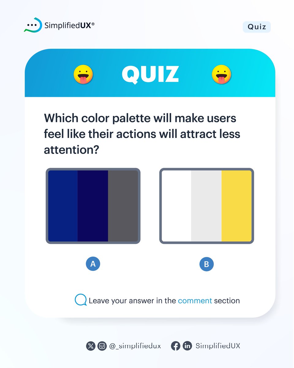 Hi designer, 

It's Monday and we have a quiz for you.

Can you get this right?

Let's find out in the comments

Which color pallet will make users feel like their actions will attract less attention?

-Pallet A
-Pallet B

#colorpallet #colortheory #useofcolor #ui #ux #uidesign…