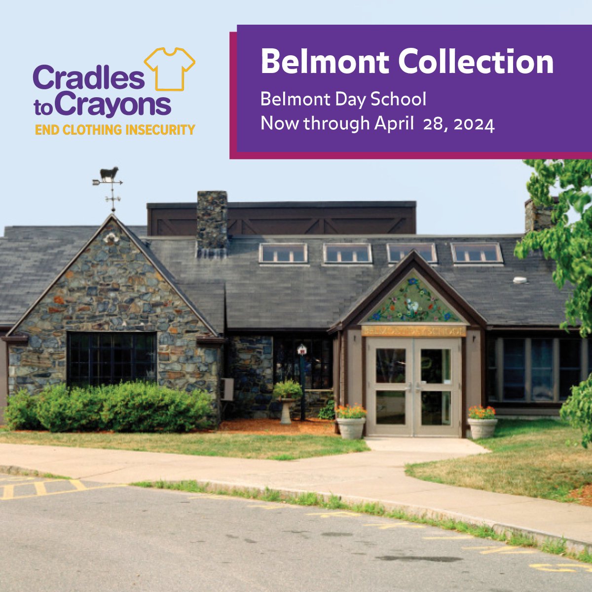 Cradles to Crayons Massachusetts (@c2cboston) on Twitter photo We're partnering with <a href="/belmontday1927/">Belmont Day School</a> and the town of #Belmont to collect donations for local children in need.
Now through April 28, bring your donations of new and gently-used clothing, shoes, and coats to the donation bin located in the parking lot at Belmont Day School! We're partnering with <a href="/belmontday1927/">Belmont Day School</a> and the town of #Belmont to collect donations for local children in need.
Now through April 28, bring your donations of new and gently-used clothing, shoes, and coats to the donation bin located in the parking lot at Belmont Day School!